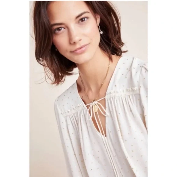 EUC Anthropologie Current Air Bristol Blouse Ivory Gold Boho Loose V-Neck Medium - Picture 3 of 10